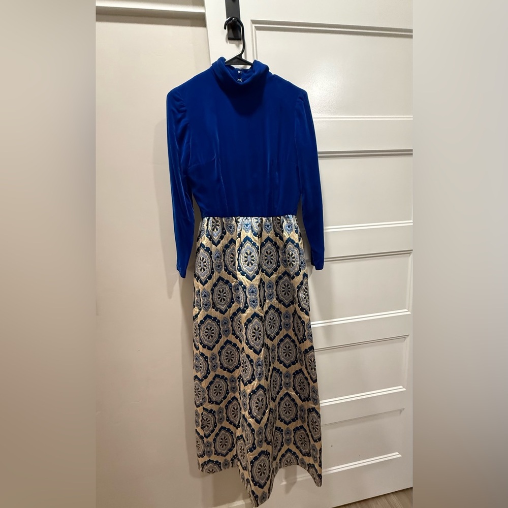 1970s Blue Velvet Long Sleeve Midi Dress Hi Neck Boho Mod Retro Metallic Brocade